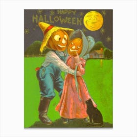 Jack O' Lantern With His Lady Under A Halloween Moon Canvas Print