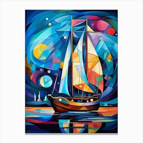 Sailing Boat at Night, Avant Garde Vibrant Colorful Painting in Cubism Picasso Style Canvas Print