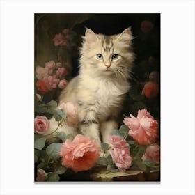 Cat With Peonies Rococo Style Canvas Print