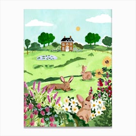 Field Bunnies with Flowers Canvas Print