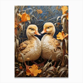 Floral Ornamental Ducks In The Cattail 3 Canvas Print