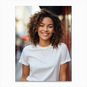 Confident Young Woman Smiling Posing In A Chic Stylish T Shirt Mid Shot Focus On Intricate Deta Canvas Print