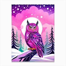 Pink Owl Snowy Landscape Painting (36) Canvas Print