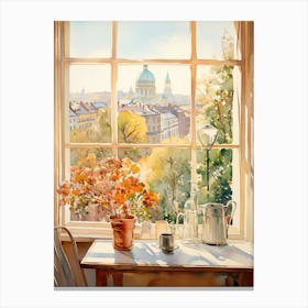 Window View Of Vilnius Lithuania In Autumn Fall, Watercolour 4 Canvas Print