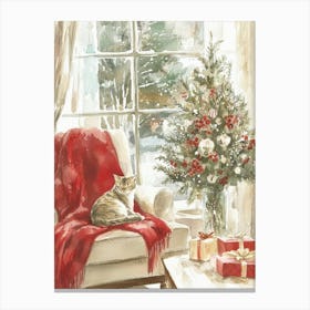 Cozy Christmas Home Interior with Cat. Watercolor Festive Canvas Print