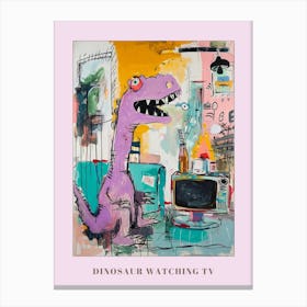 Dinosaur Watching Tv Purple Graffiti Brushstroke Poster Canvas Print