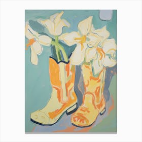 Painting Of White Flowers And Cowboy Boots, Oil Style 2 Canvas Print