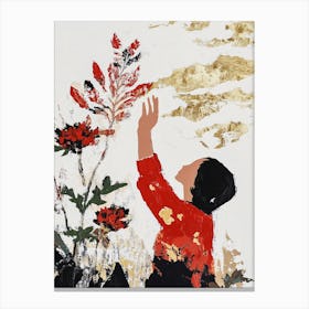 Girl Reaching For Flowers Canvas Print