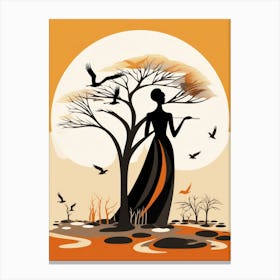 African Woman With Birds And Tree Canvas Print