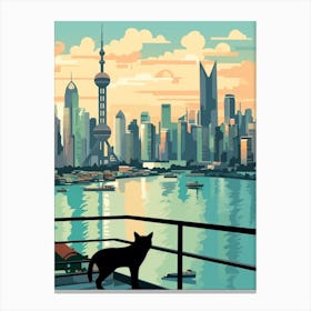 Shanghai, China Skyline With A Cat 1 Canvas Print