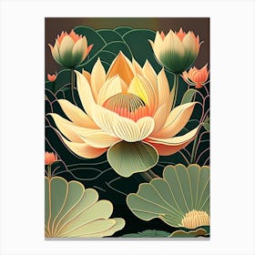 Lotus Flower In Garden Retro Illustration 1 Canvas Print