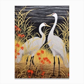 Cranes In Silver Grass Vintage Japanese Botanical Canvas Print