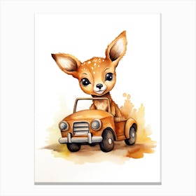 Baby Deer On Toy Car, Watercolour Nursery 3 Canvas Print