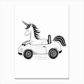 Unicorn In A Car Black And White Illustration 1 Canvas Print