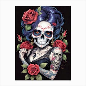 Sugar Skull Girl With Roses Painting (31) Canvas Print