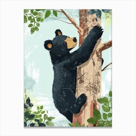 American Black Bear Cub Climbing A Tree Storybook Illustration 2 Canvas Print