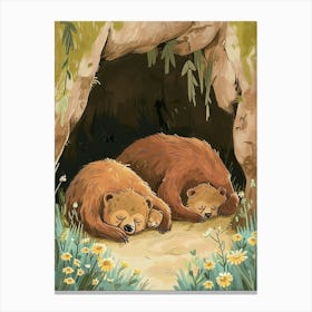 Sloth Bear Family Sleeping In A Cave Storybook Illustration 4 Canvas Print