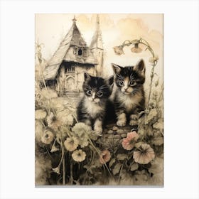 Sepia Drawing Of Kittens With A Medieval Village 4 Canvas Print