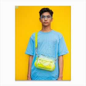 18 Year Old Male Clad In Light Blue T Shirt Transparent Glasses Shouldering A Bag Fore Front And Canvas Print