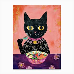 Black Cat Having Breakfast Folk Illustration 2 Canvas Print