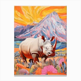 Patchwork Floral Rhino With Mountain In The Background 2 Canvas Print
