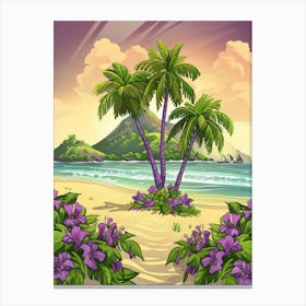 Tropical Landscape With Palm Trees And Flowers Canvas Print