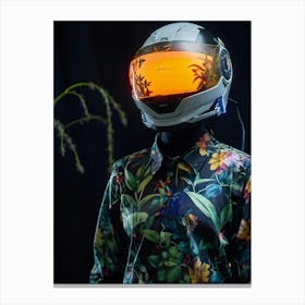 Futuristic Helmet Clad Figure Embossed With Luminous Plant Patterns Bright Orange Glow Enveloping Canvas Print