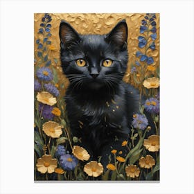 Klimt Style Black Kitten Cat in English Garden Wild Flowers Gold Leaf Painting - Gustav Klimt Monet Waterlillies HD High Resolution Poppies 2 Canvas Print