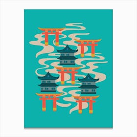 EDO Graphic Japanese Castles and Oriental Japan Torii Gates with Flowing River in Bright Turquoise Orange Teal Yellow Canvas Print
