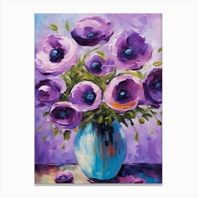 Purple Anemones in a Blue Vase Canvas Print