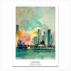 Miami Usa Watercolour Travel Canvas Print
