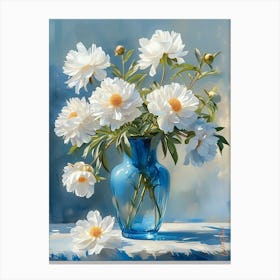 Impasto Painting Of White Flowers In A Blue Vase Canvas Print