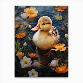 Duckling Swimming In The Pond With Petals 2 Canvas Print