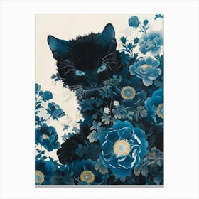 Black Cat In Blue Flowers 3 Canvas Print