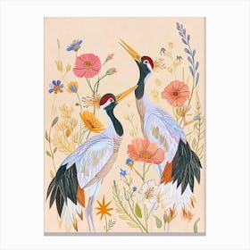 Folksy Floral Animal Drawing Crane Canvas Print