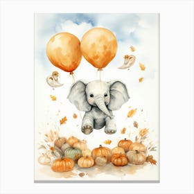 Elephant Flying With Autumn Fall Pumpkins And Balloons Watercolour Nursery 8 Canvas Print