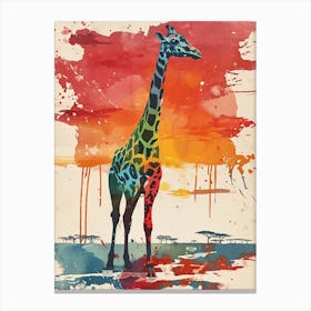 Giraffe Red Sunset Watercolour 1 Canvas Print