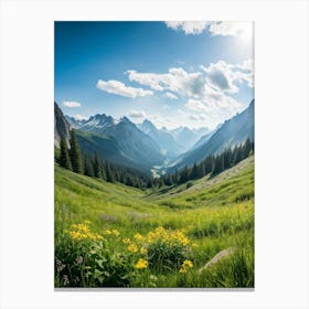 A Panoramic View Of A Dynamic Alpine Landscape Transitioning From Spring To Summer Featuring Idylli (6) Canvas Print