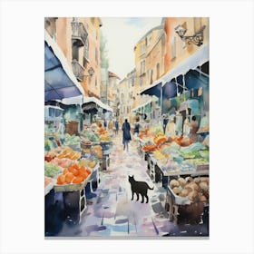 Food Market With Cats In Rome 3 Watercolour Canvas Print