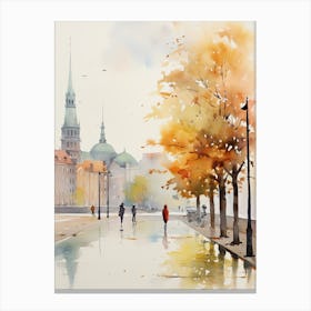 Copenhagen Denmark In Autumn Fall, Watercolour 1 Canvas Print