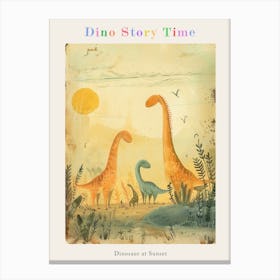 Dinosaur Family In The Sunset Storybook Style Poster Canvas Print