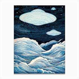 Floating Ufos Glide Above Undulating Dreamlike Waves Hand Drawn Surreal Fantasy Cosmic Voyage Them Canvas Print