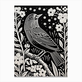B&W Bird Linocut Blackbird 4 Canvas Print