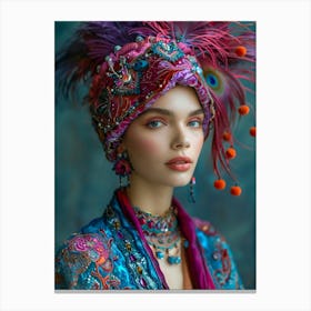 Peacock Feathers in her head Canvas Print