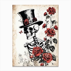 Floral Skeleton With Hat Ink Painting (77) Canvas Print