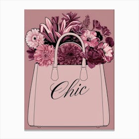 Fashionable wall art pink handbag with pink and purple floral flowers with the word chic retro print trending 2025 Canvas Print