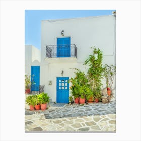 Blue Doors And Shutters In Paros Canvas Print