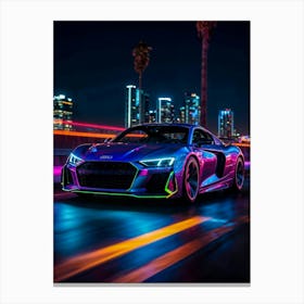 Neon Audi R8, a supercar at night. Cyberpunk design, speed, and racing essence in a futuristic automotive scene. Canvas Print