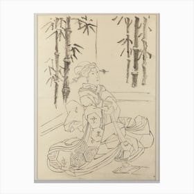Framed Preparatory Drawing Of A Woman Sitting On The Ground Wrapped In Large Robe, Holding Long Object In Hands; Op Canvas Print