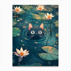 Cute Cat Swimming Among Water Lilies 12 Canvas Print